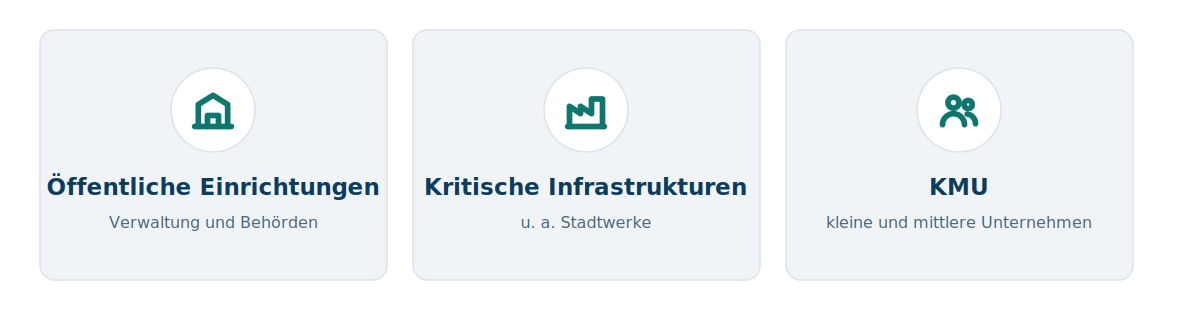 Drei Zielgruppen: öffentliche Einrichtungen, kritische Infrastrukturen und kleine und mittlere Unternehmen.